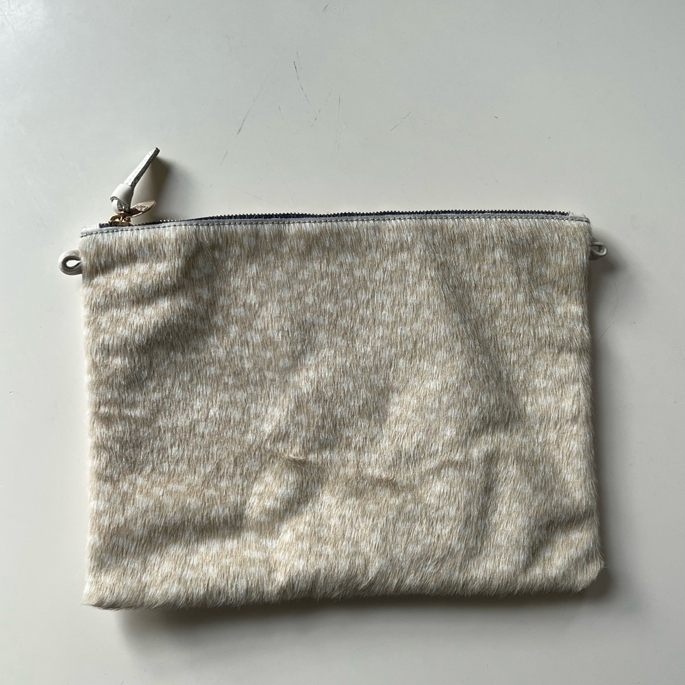 Clare V. Pony hair grey white leopard cheetah print spotted foldover clutch